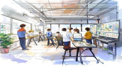 动漫制作公司工作室内景，动画师在数位板前绘制角色原画，创意工作环境整洁明亮，盖世动漫制作幕后系列报道